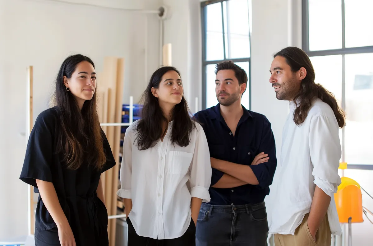 Equipa diversa reunida em ambiente profissional